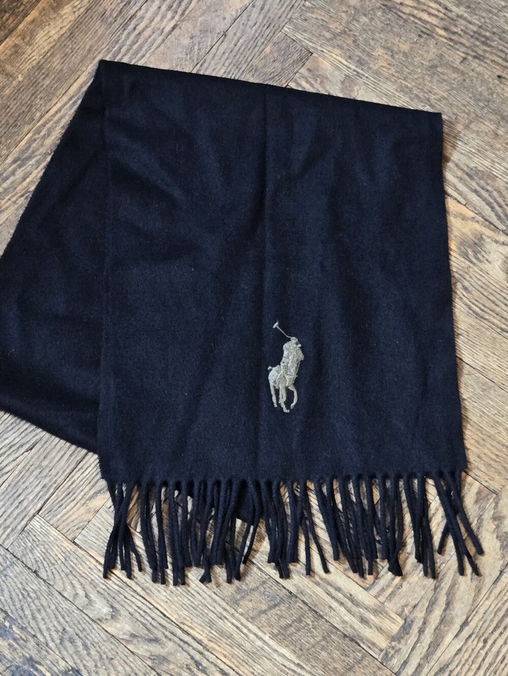 Vintage Polo Ralph Lauren Lambs Wool Blend Scarf Muffler Black Logo Italy unisex